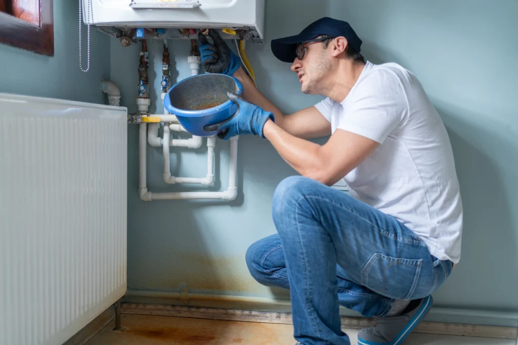 A technician installing a furnace system